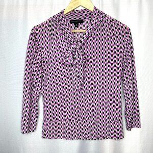 VTG Banana Republic‎ Geometric 100% Silk Blouse with Bow, Medium Y2K Librarian